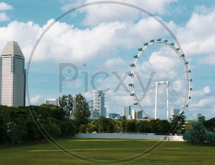 Singapore ferry wheel with green foreground