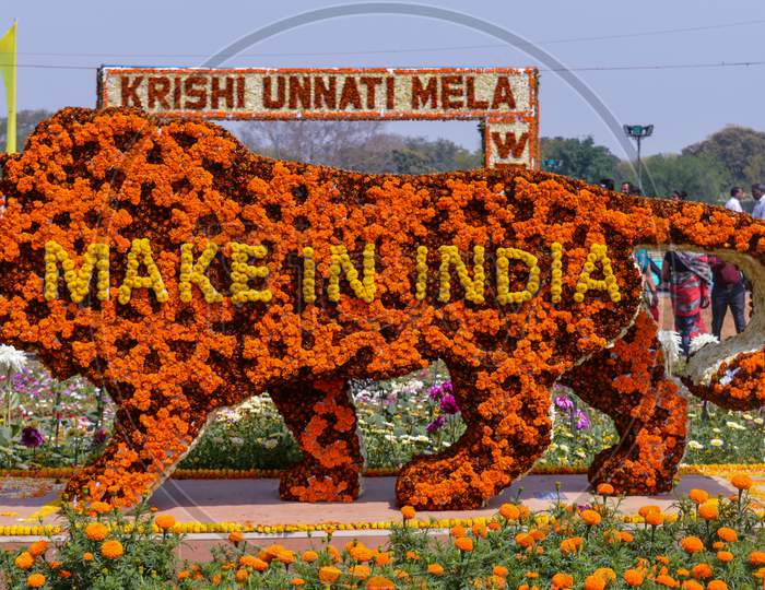 The Lion Which Is Made Of Cotton And News Paper, Flowers Are There For Exhibition At Pusa, Agriculture Festival, New Delhi.
