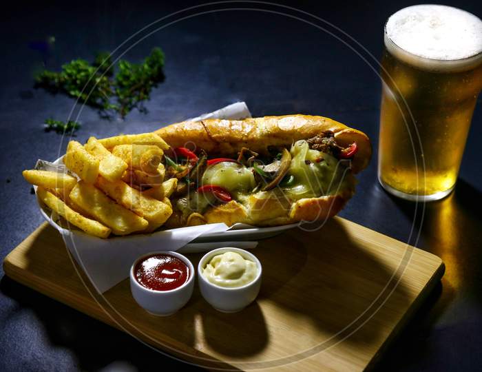 Beef focaccia sandwich with beer
