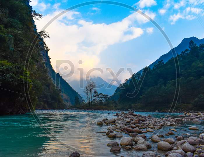 landscape of Flowing river and mountain in north Sikkim