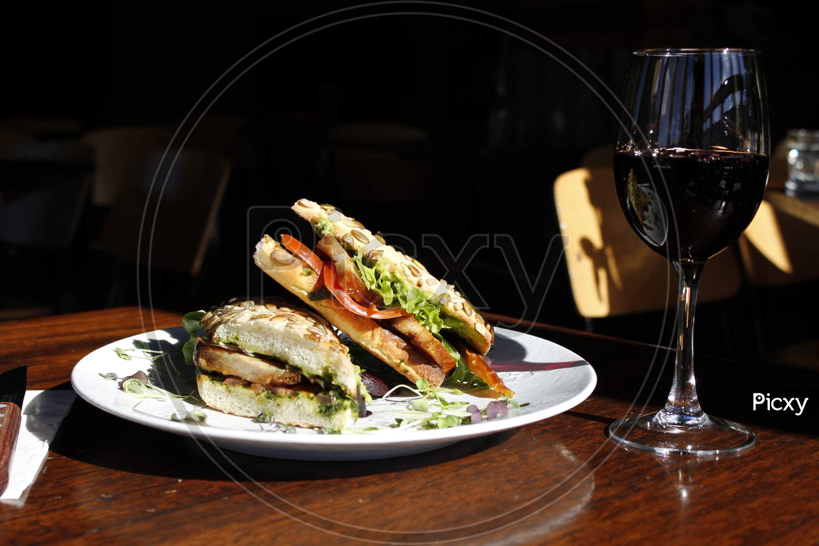 Pork ciabata sandwich with wine