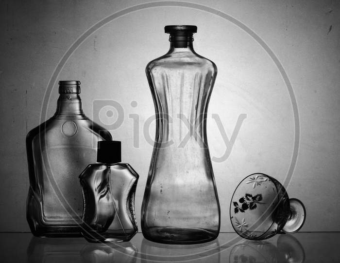 Transparent Glass Product Shoot With White Background At Studio Using Back Light Black & White