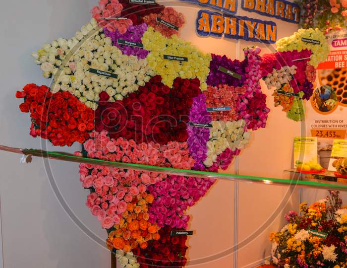 The Indian Map Which Is Made Of Cotton And News Paper, Flowers Are There For Exhibition At Pusa, Agriculture Festival, New Delhi.
