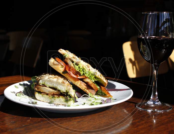 Pork ciabata sandwich with wine