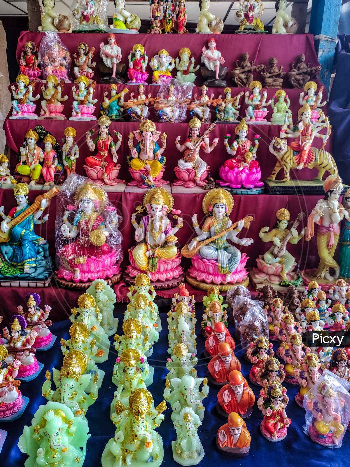 Arulmigu Saraswathi Temple Koothanur, Tamilnadu, INDIA, OCTOBER 06, 2018: Ritualistic display of Bommai Kolu or golu (dolls and figurines) at a Hindu household, as part of the Navaratri festival.