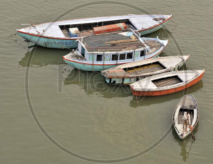 boats on ganges river at varanasi india