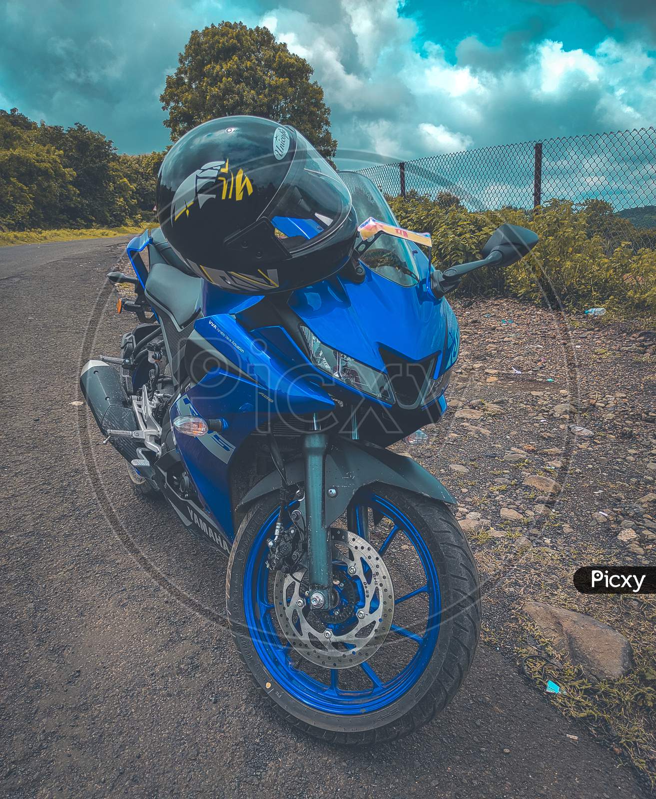 Yamaha's R15V3 bike in blue .