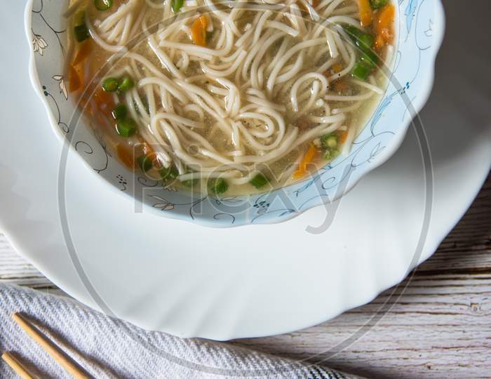 Top view close up Tibetan delicacy thupka noodle soup