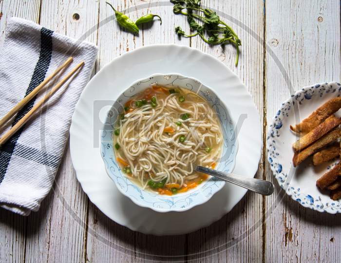 Thukpa noodle soup, an Asian delicacy along with bread crumbs