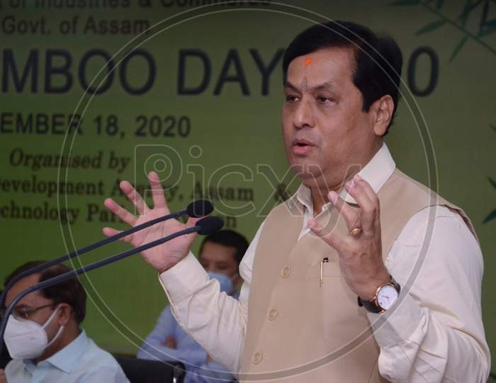 Assam Chief Minister Sarbananda Sonowal speaking at the World Bamboo Day celebration at Assam Administrative Staff College in Guwahati on September 18, 2020.