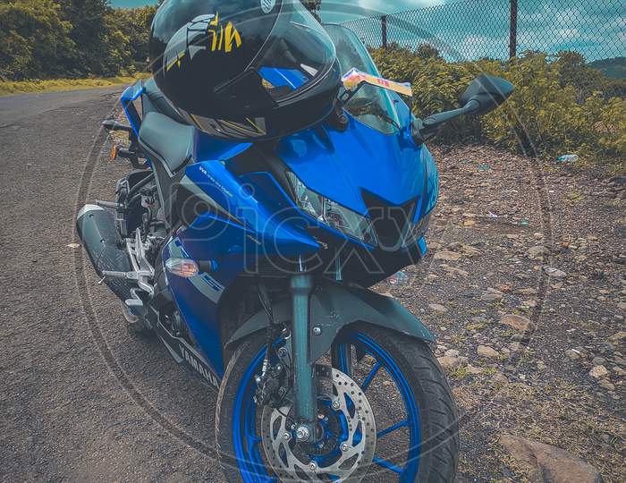Yamaha's R15V3 bike in blue .