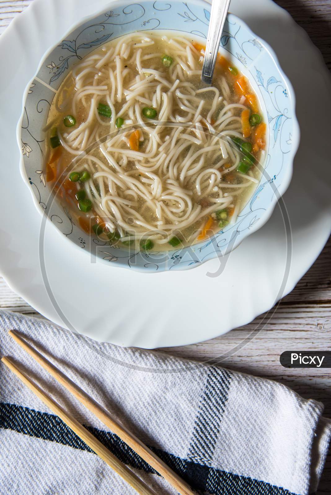 Top view close up Tibetan delicacy thupka noodle soup