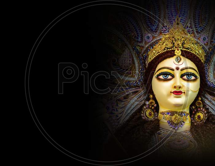 Indian Religion Festival Durga Puja Banner, Header Design with Goddess Durga Face