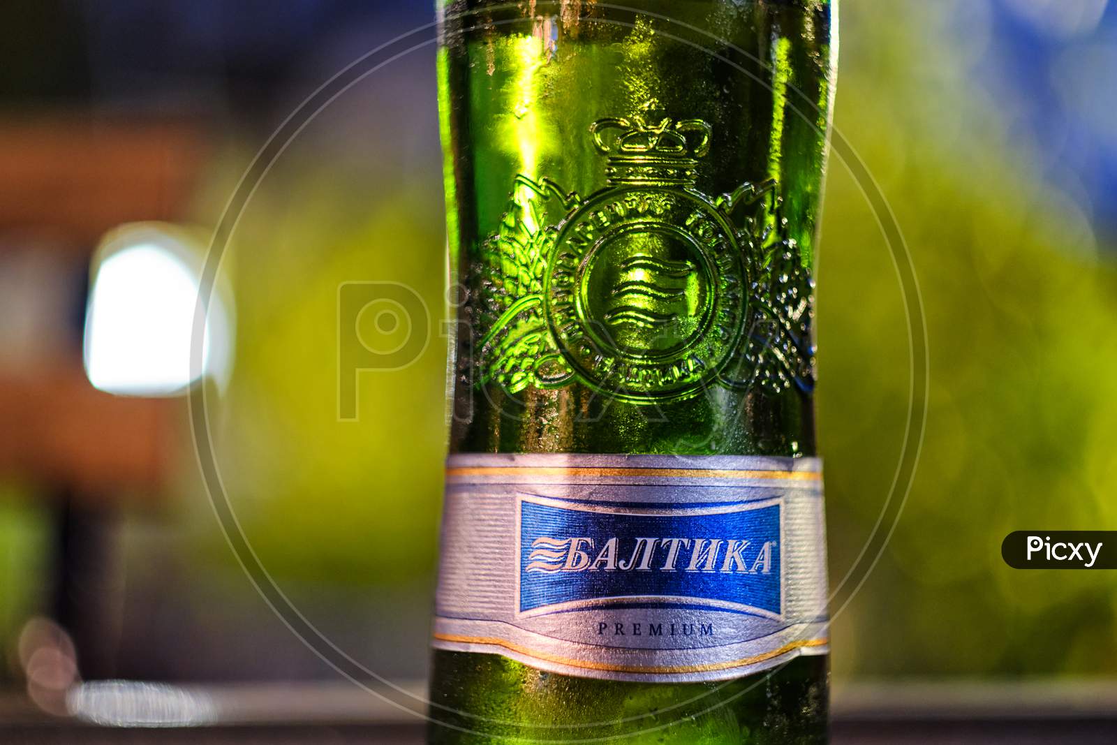 Bottle Of Cold Baltika 7 Premium Russian Beer Served In A Bar