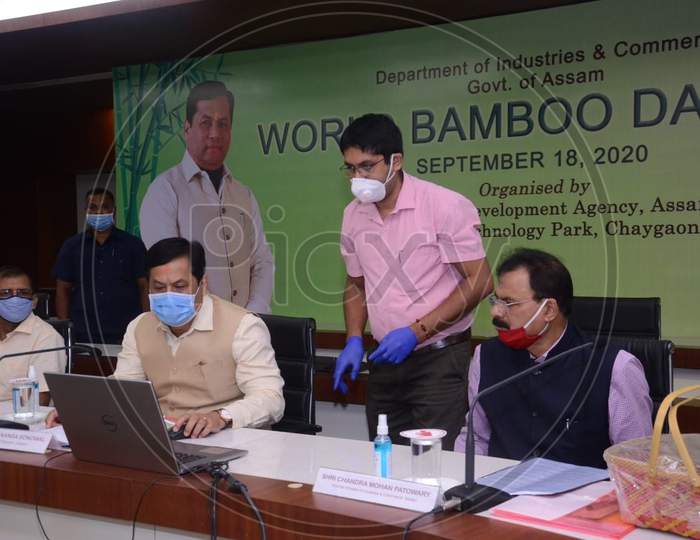 Assam Chief Minister Sarbananda Sonowal inaugurating a website of State Bamboo Development Agency, Assam at the World Bamboo Day celebration at Assam Administrative Staff College in Guwahati on September 18, 2020.