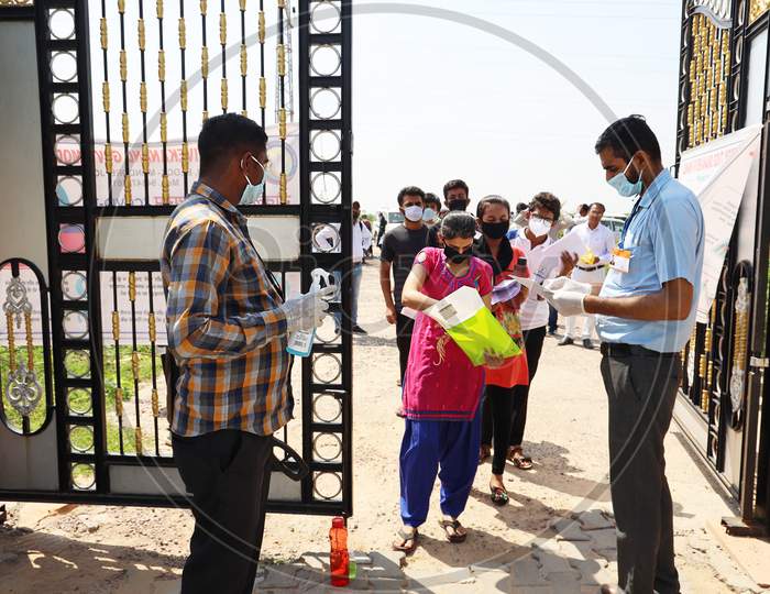 Jodhpur, Rajasthan, India, September 13,2020: Students Go Through Sanitation Process Before Entering In Examination Center, Safety Measures Taken By The College Or School Staff Due To Covid-19