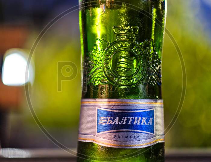 Bottle Of Cold Baltika 7 Premium Russian Beer Served In A Bar