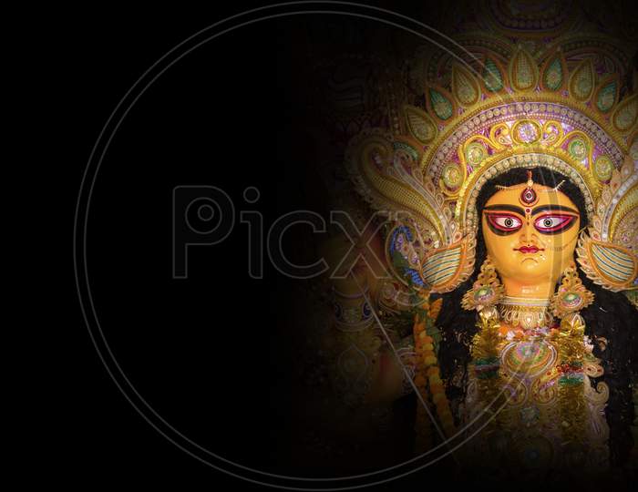 Indian Religion Festival Durga Puja Banner, Header Design with Goddess Durga Face