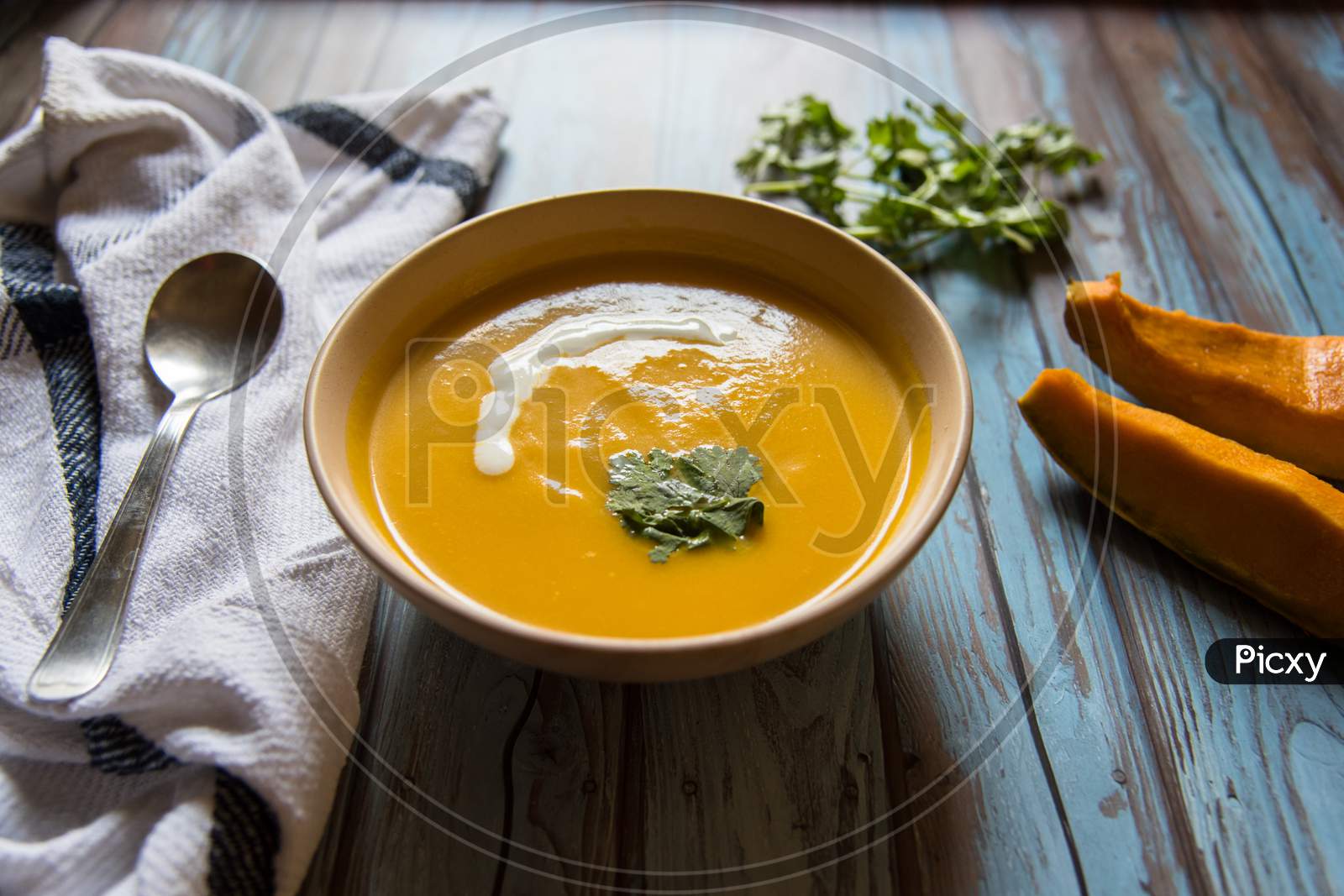 Close up of fresh pumpkin soup in a bowl