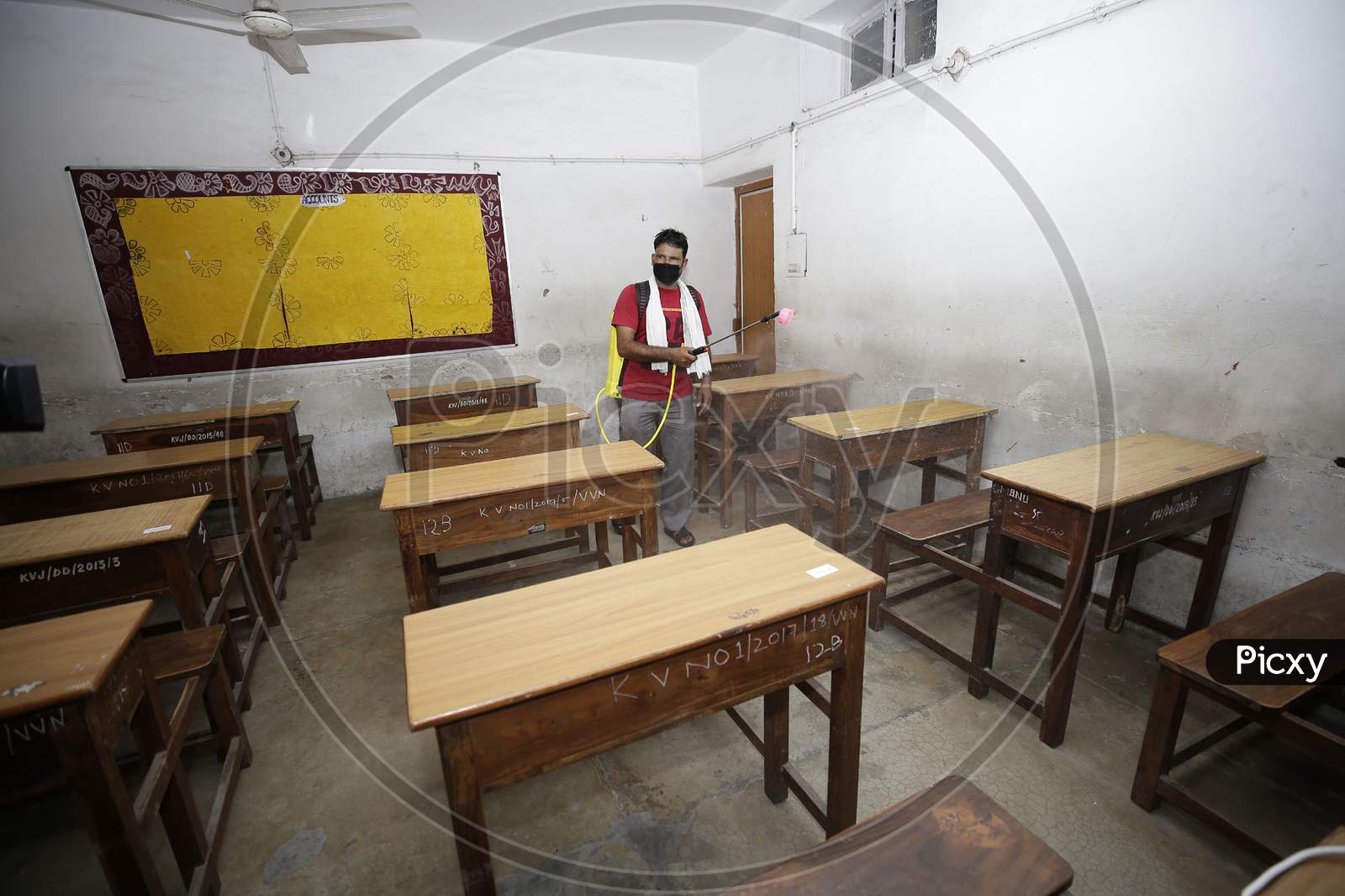 A school building being sanitized in Jammu on Friday as preparations are underway to open the educational institutions for select classes after nearly six months closure due to the outbreak of Coronavirus pandemic on September,18.2020.