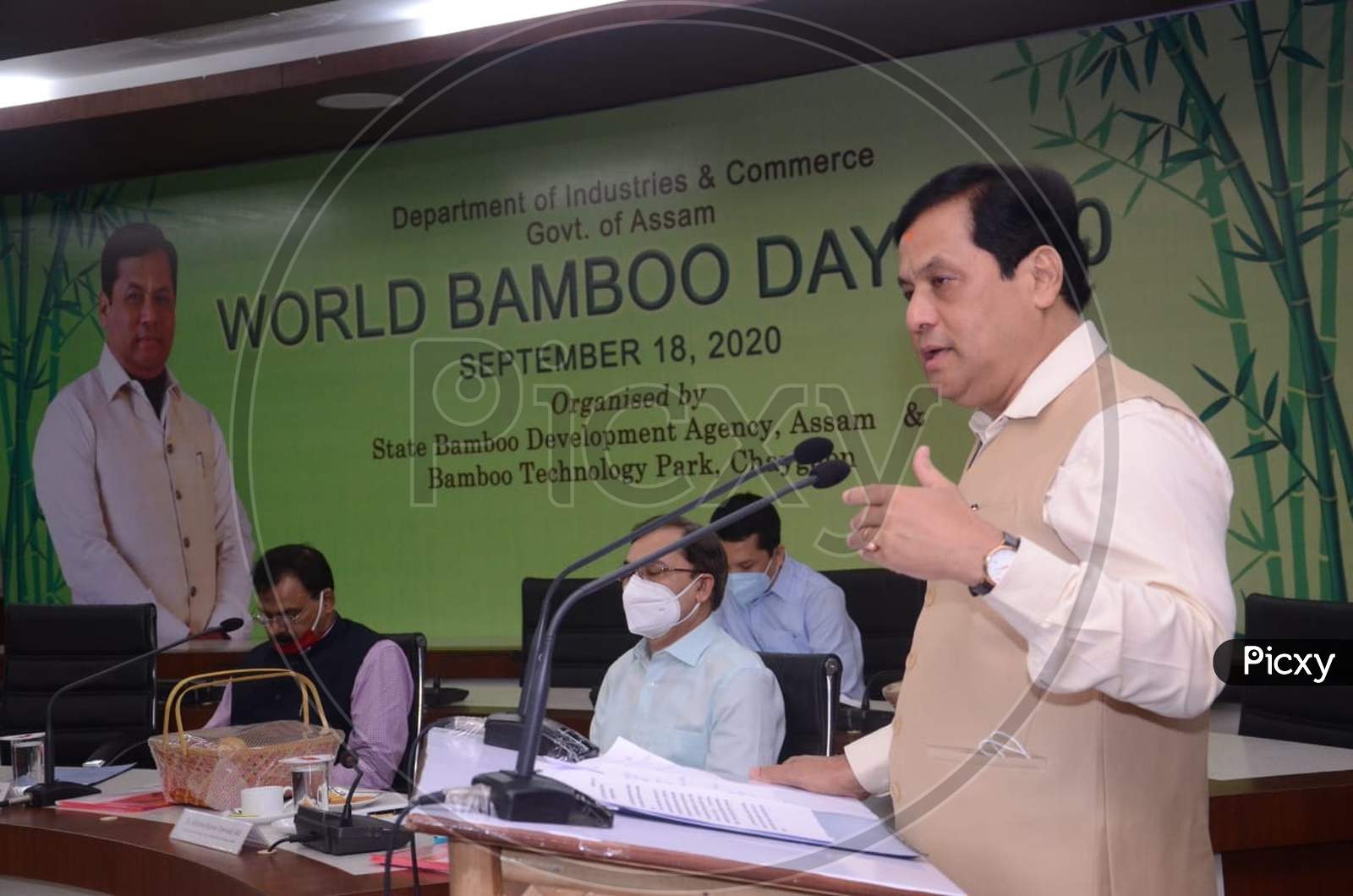 Assam Chief Minister Sarbananda Sonowal speaking at the World Bamboo Day celebration at Assam Administrative Staff College in Guwahati on September 18, 2020.