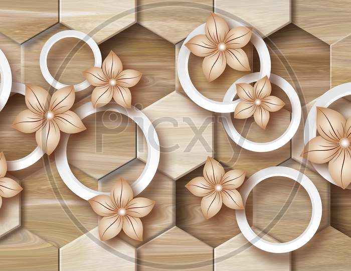 3D Wallpaper Background, High Quality Flower With Circles Rendering Decorative Mural Wallpaper Illustration, 3D Flower Living Room Wallpaper.
