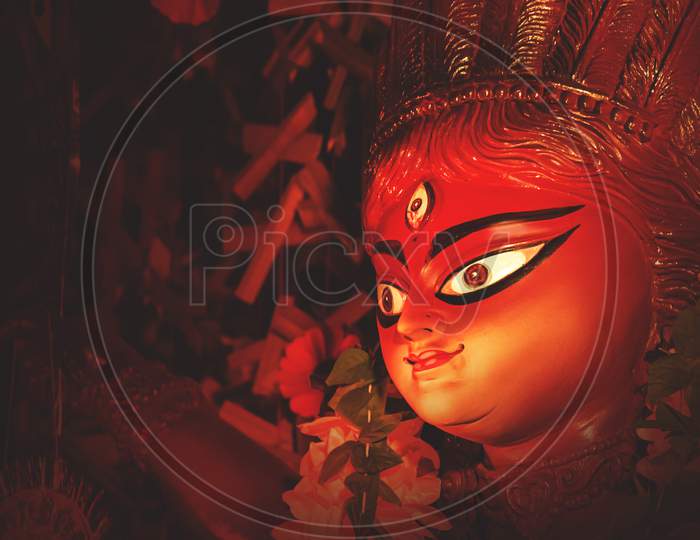 Godess Durga Idol In A Pandal.Durga Puja Is The Most Important Worldwide Hindu Festival For Bengali