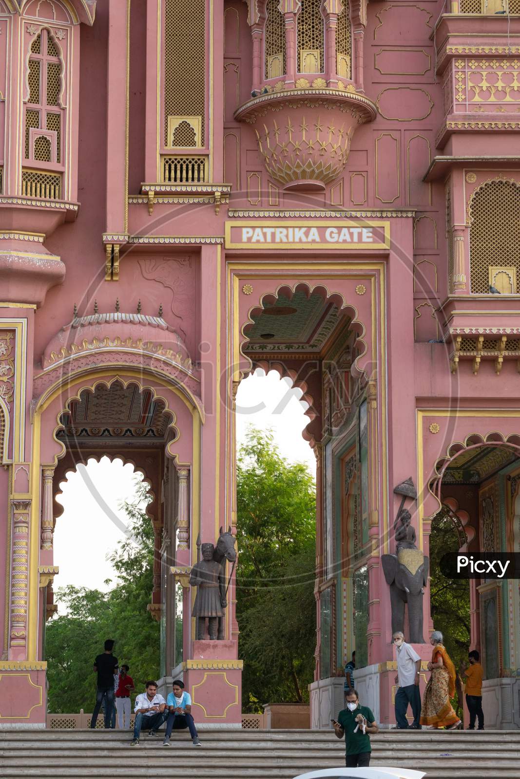 Visitors visiting Patrika Gate, entrance gate of Jawahar circle garden in Jaipur