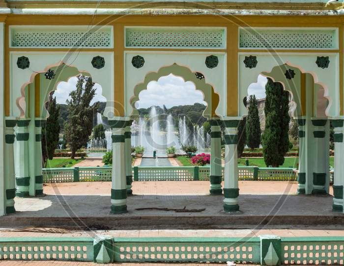 A View of the Entrance to the famous Brindavan Gardens in Krishnaraja Sagara near Mysuru in Karnataka/India.