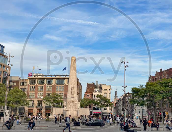 Amsterdam, Netherland - July 10, 2020  the national monument on dam square ,Amsterdam city.