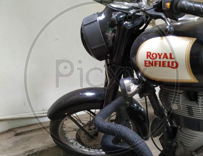 Closeup Of Calligraphic Text Of Royal Enfield In The Bike Petrol Tank