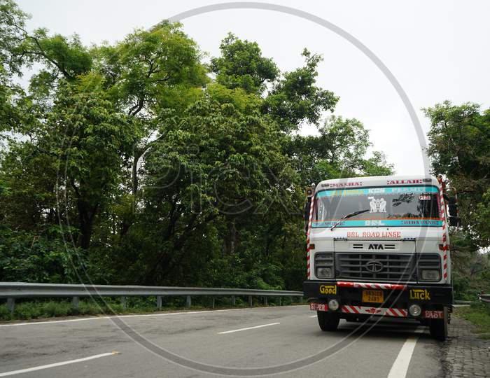 Almora,Uttarakhand- September 18 2020: A Carrier Truck Parked At The Corner Of The Highway.