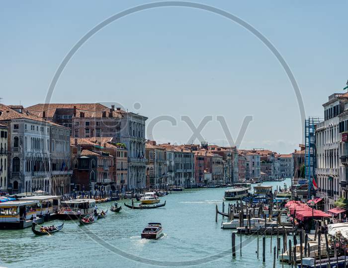 Venice, Italy - 01 July 2018: The Cityscape And Townscape Of Venice Along The Grand Canal In Italy