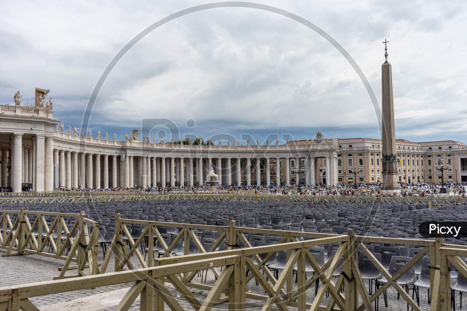 Vatican City, Italy - 23 June 2018: The Obelisk And Colonnades At St. Peter'S Square With Water Fountain In Vatican City