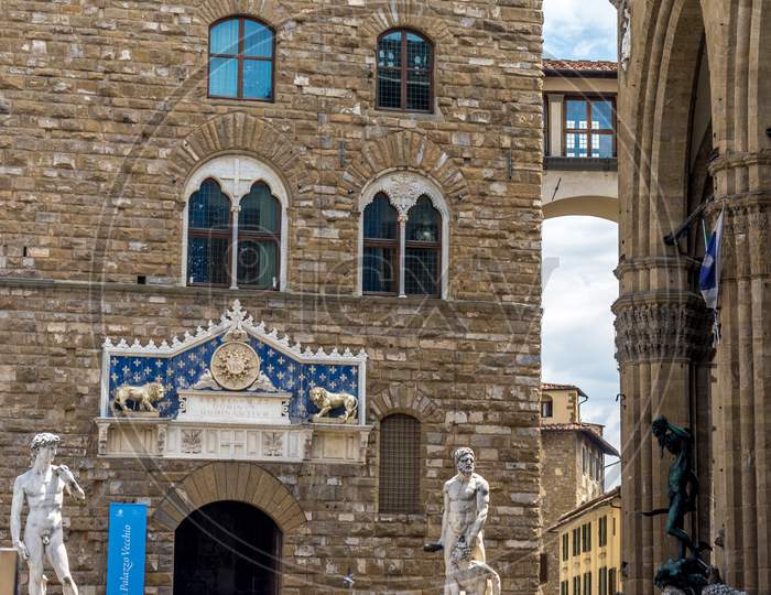 Florence, Italy - 25 June 2018: The Palazzo Vecchio At Piazza Della Signoria In Florence, Italy