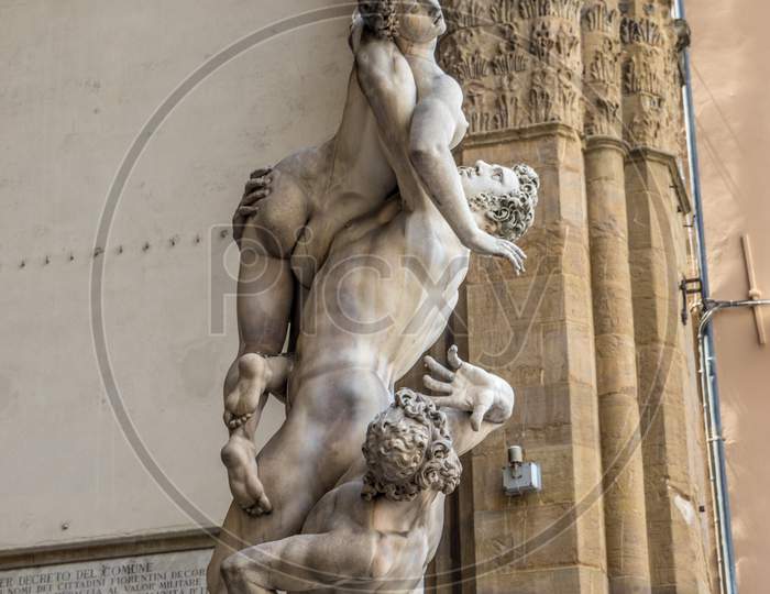 Florence, Italy - 25 June 2018: The Rape Of The Sabine Women At Loggia Dei Lanzi In Florence, Italy