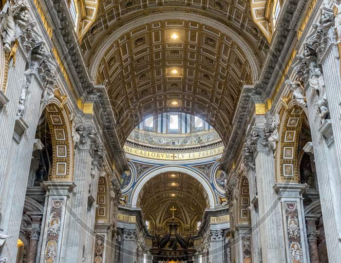 Vatican City, Italy - 23 June 2018: Decorated Interiors Of Saint Peter'S Basilica At St. Peter'S Square In Vatican City