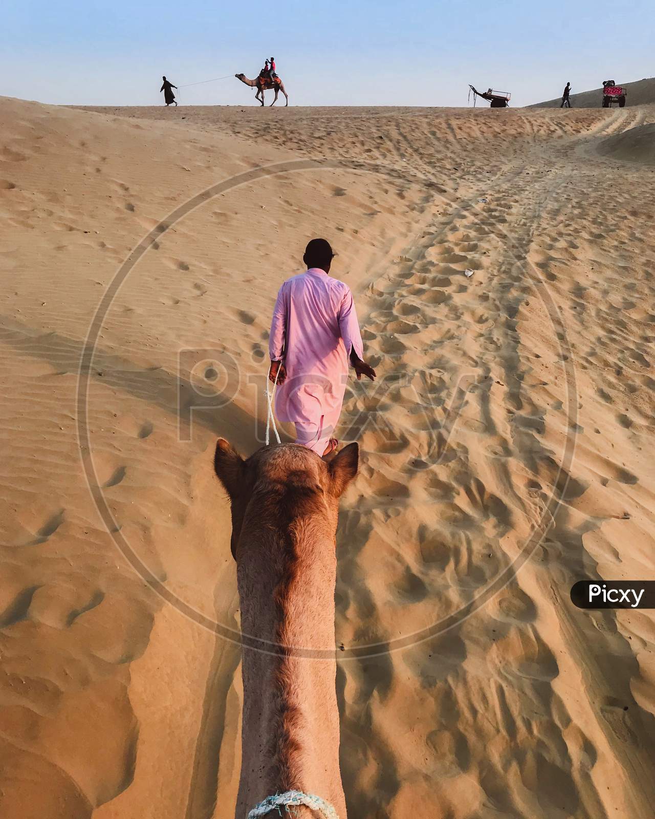A man guiding a camel in the desert.