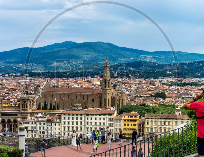 Florence, Italy - 25 June 2018: Toursists At The Piazzale Michelangelo (Michelangelo Square) In Florence, Italy