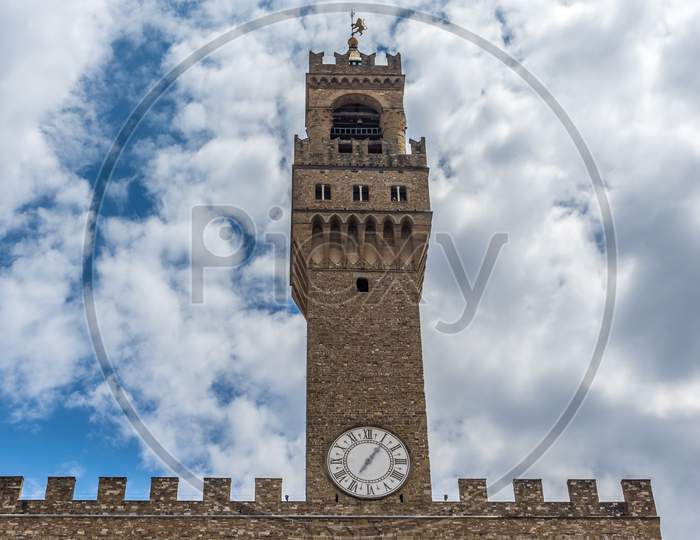 Florence, Italy - 25 June 2018: The Palazzo Vecchio At Piazza Della Signoria In Florence, Italy
