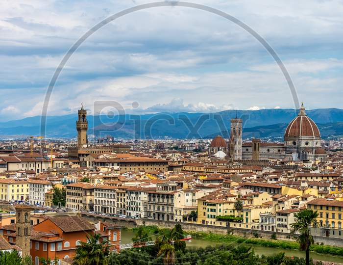 Panaromic View Of Florence With Palazzo Vecchio And Duomo Viewed From Piazzale Michelangelo (Michelangelo Square)
