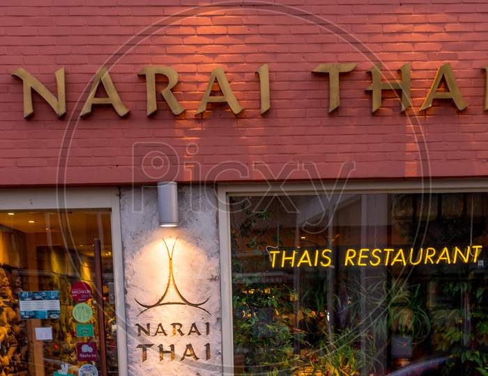 Bruges, Belgium - 17 February 2018: Narai Thai Restaurant At Bruges, Belgium