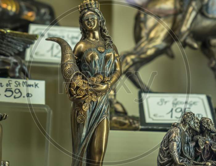 Venice, Italy - 30 June 2018: Fortune Goddess Artifacts On Display In A Shop In Venice, Italy