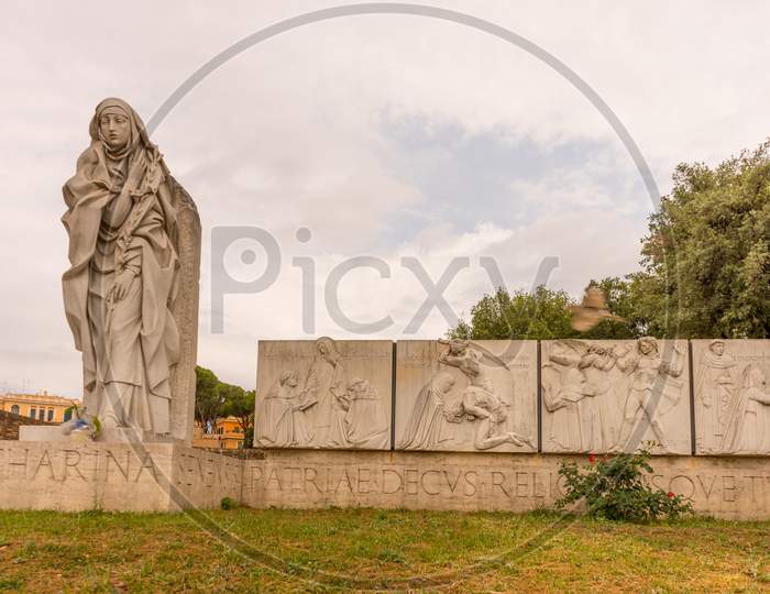 Rome, Italy - 23 June 2018: Statue Of San Catharina Da Siena Near The Castle, Rome, Italy