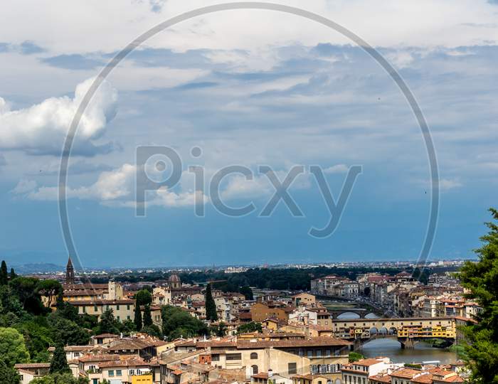 Panaromic View Of Florence Townscape Cityscape Viewed From Piazzale Michelangelo (Michelangelo Square) With Ponte Vecchio