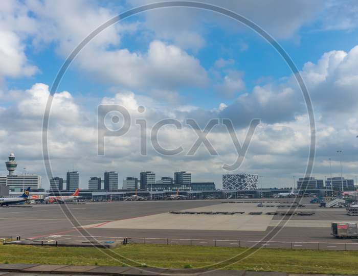 Schiphol,Netherlands - June 25, 2017 :  The Airport Viewed From The Aeroplane Window During Taxi After Landing