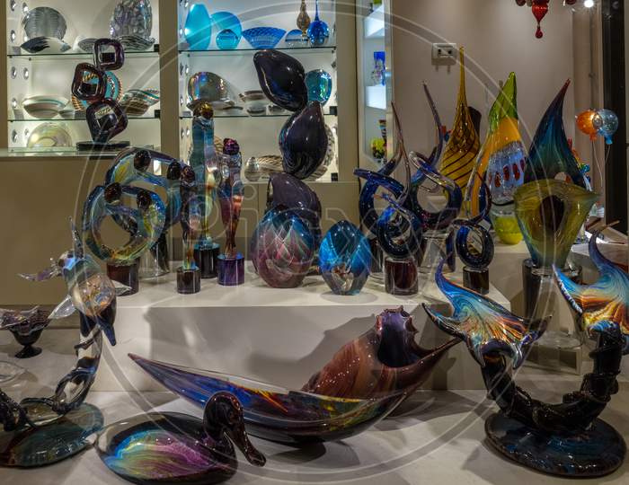 Venice, Italy - 30 June 2018: Colorful Glass Artifacts On Display In A Shop In Venice, Italy
