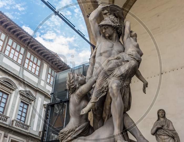 Florence, Italy - 25 June 2018: The Rape Of Polyxena At Loggia Dei Lanzi Piazza Della Signoria In Florence, Italy