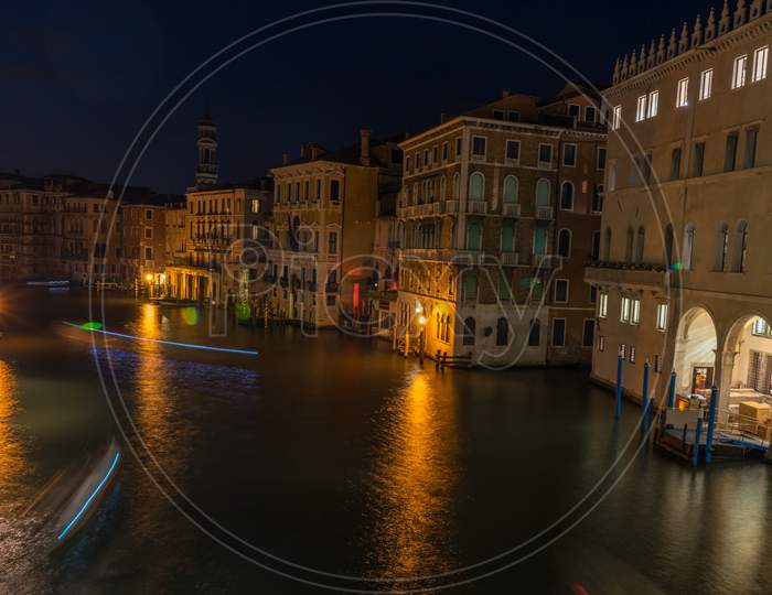 Italy, Venice, Grand Canal, Illuminated Buildings By Canal In City At Night