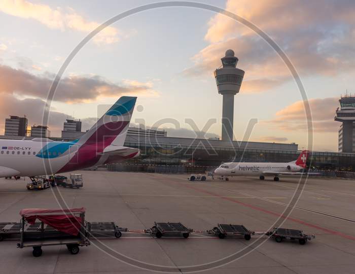 Amsterdam, Schiphol - 22 June 2018: Eurowings And Helvetic Airline Plane At The Schiphol Airport